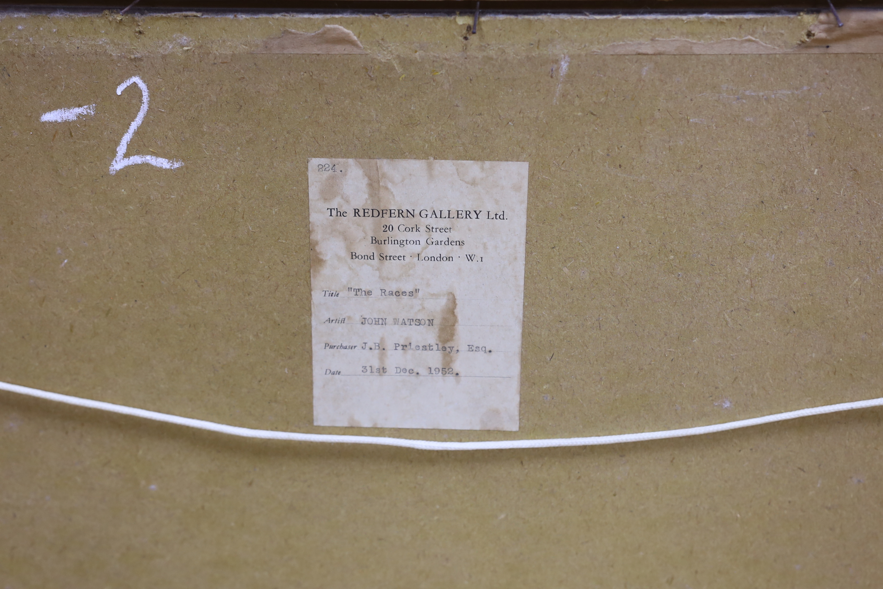 John Watson (20th. C), horseracing interest, ink and pastel, 'The Races', The Redfern Gallery Ltd., label verso, purchased by J B Priestley, 31st December 1952, 34 x 48cm